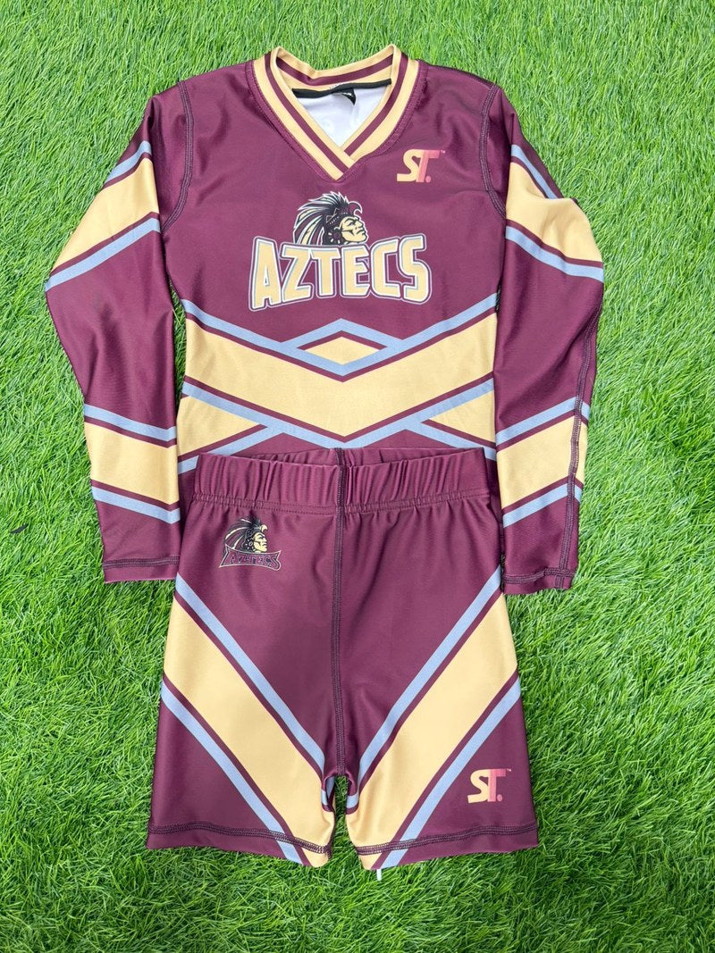 Custom Cheer and Dance - Aztecs - Maroon/Gold Long-Sleeve Shell and Shorts by SkeemTeam Athletics, Philadelphia