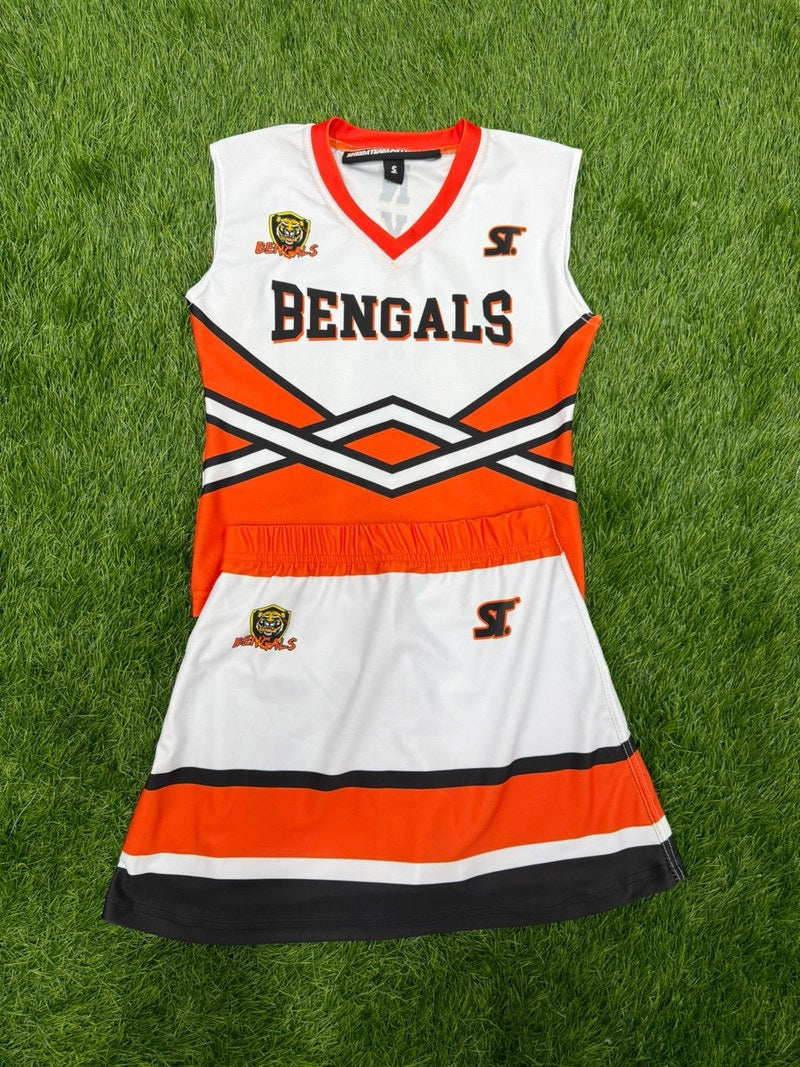 Custom Cheer and Dance - Bengals - White/Orange/Black Shell and Striped Skirt by SkeemTeam Athletics, Philadelphia