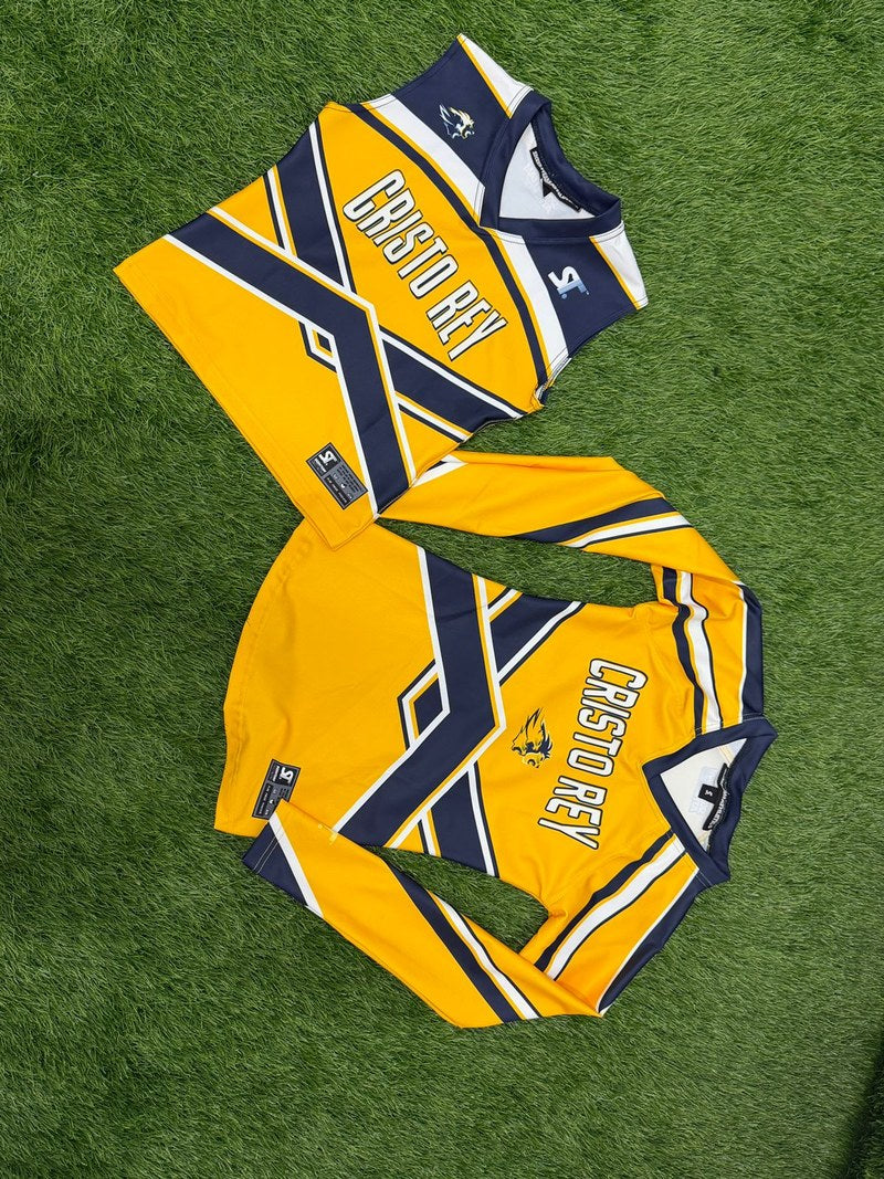 Custom Cheer and Dance - Cristo Rey - Gold/Navy Long-Sleeve Crop Tops by SkeemTeam Athletics, Philadelphia