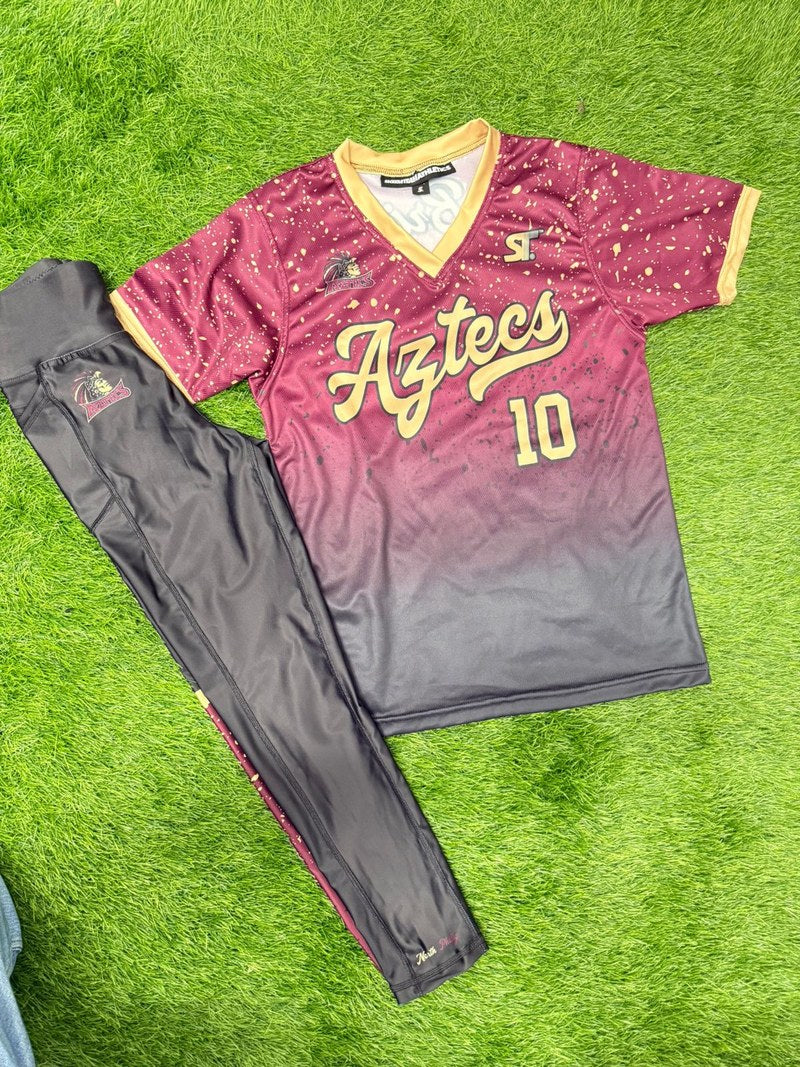 Custom Football - Aztecs - Maroon/Gold Splatter-Fade Jersey and Pants by SkeemTeam Athletics, Philadelphia