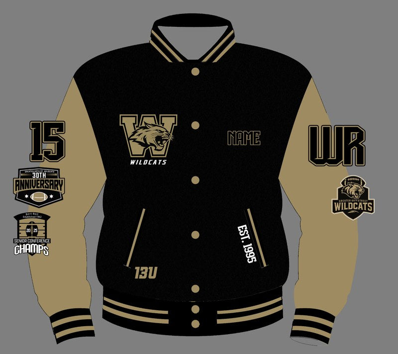 Custom Varsity Jacket - Greater 69th Street Wildcats - Varsity Jacket (Front) by SkeemTeam Athletics, Philadelphia