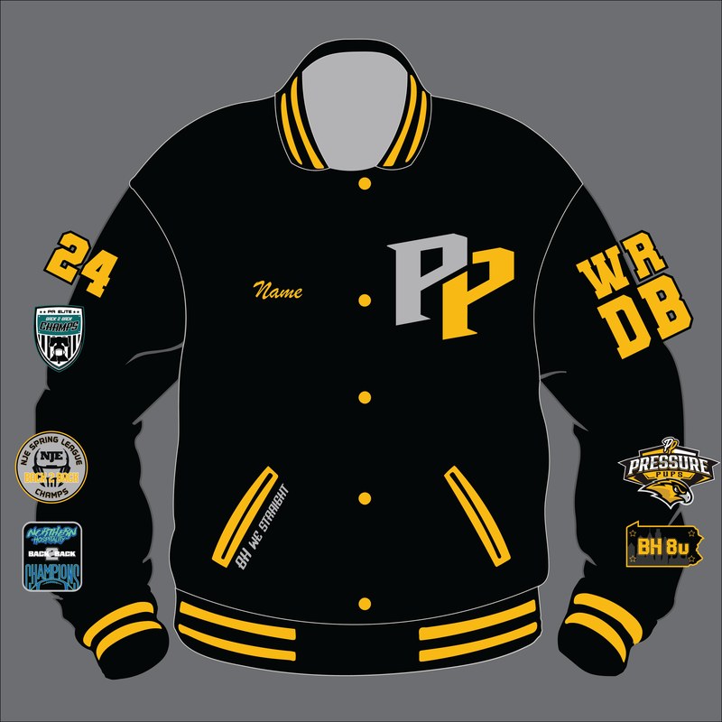 Custom Varsity Jacket - Pressure Pups / Blackhawks (BH) - Varsity Jacket (Front) by SkeemTeam Athletics, Philadelphia